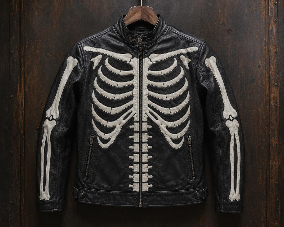 Skeleton Leather Jacket for Men | Black Genuine Leather Biker Jacket | Gothic Halloween Motorcycle Jacket | Handmade Bone Design | Punk Stre