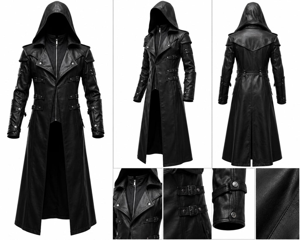 Black Hooded Leather Trench Coat Men Gothic Vampire Long Coat Halloween Cosplay Jacket Medieval Dark Fantasy Costume