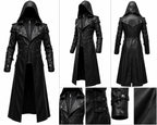 Black Hooded Leather Trench Coat Men Gothic Vampire Long Coat Halloween Cosplay Jacket Medieval Dark Fantasy Costume