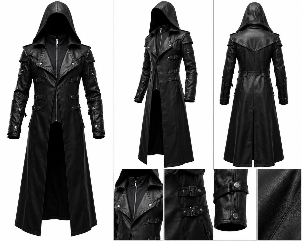 Black Hooded Leather Trench Coat Men Gothic Vampire Long Coat Halloween Cosplay Jacket Medieval Dark Fantasy Costume
