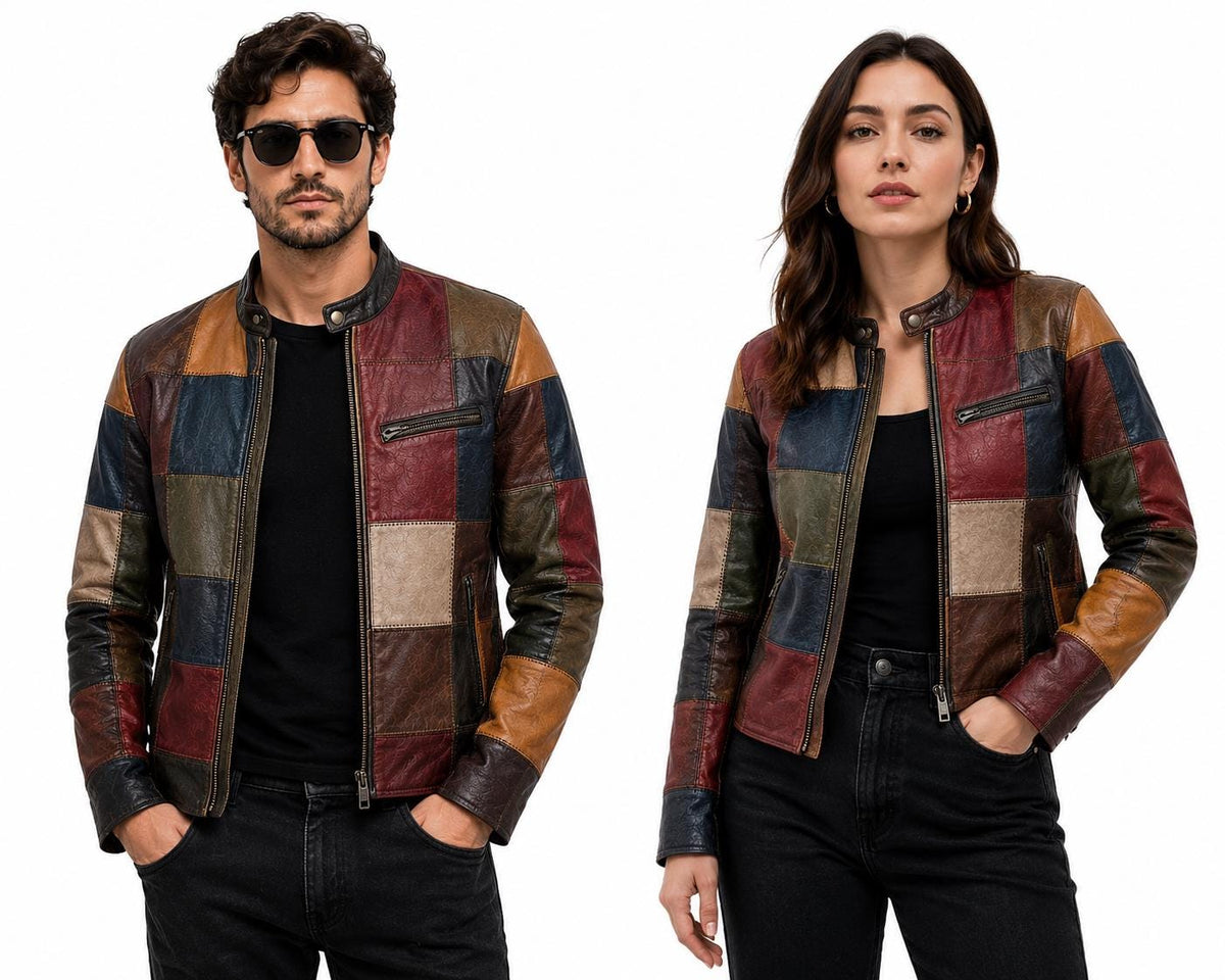 Patchwork Leather Jacket | Handmade Genuine Leather Color Block Jacket | Unisex Vintage Biker Coat | Custom Made Gift for Men & Women