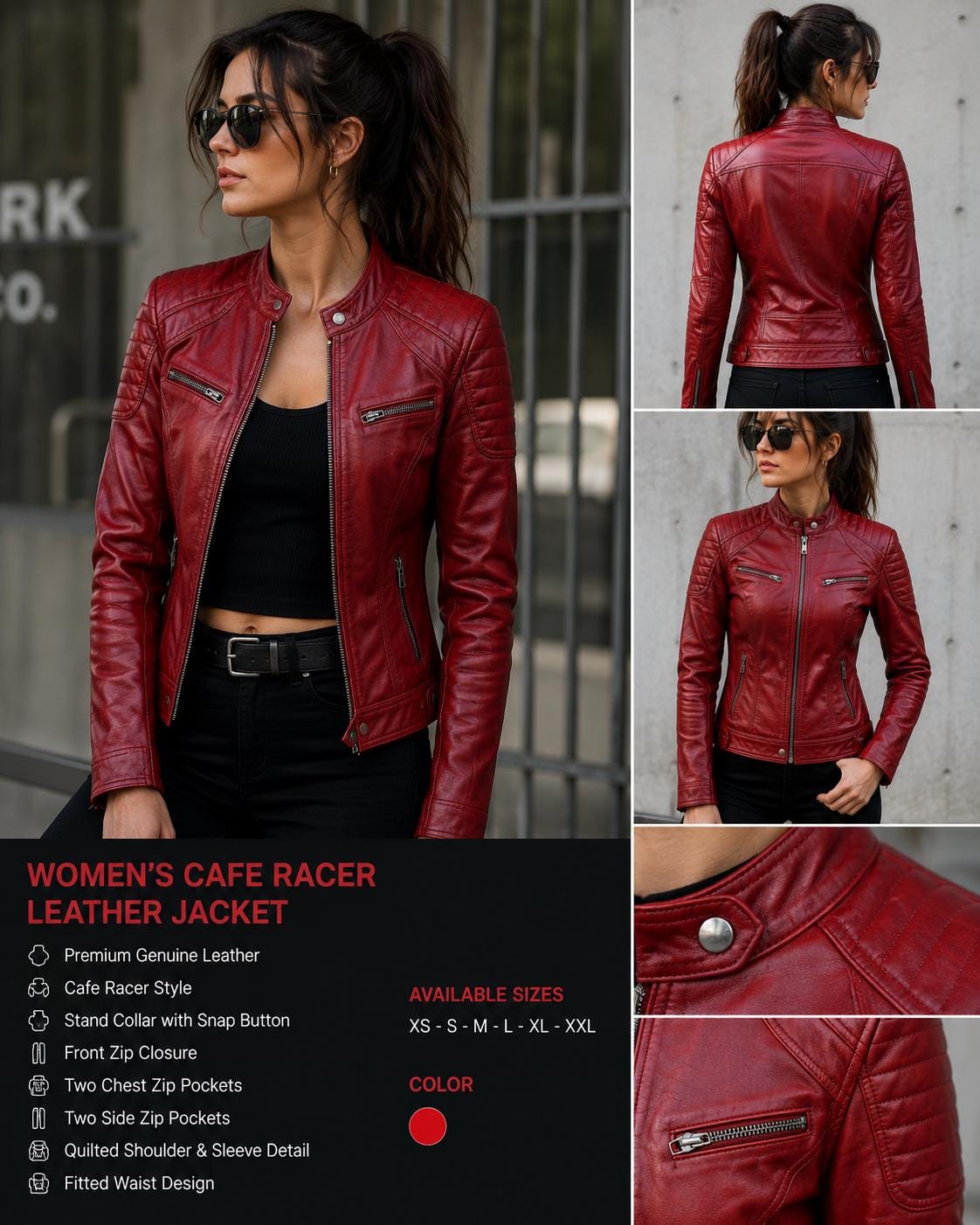 Women's Red Leather Cafe Racer Jacket | Genuine Lambskin Moto Jacket | Slim Fit Biker Jacket | Handmade Premium Leather Gift for Her