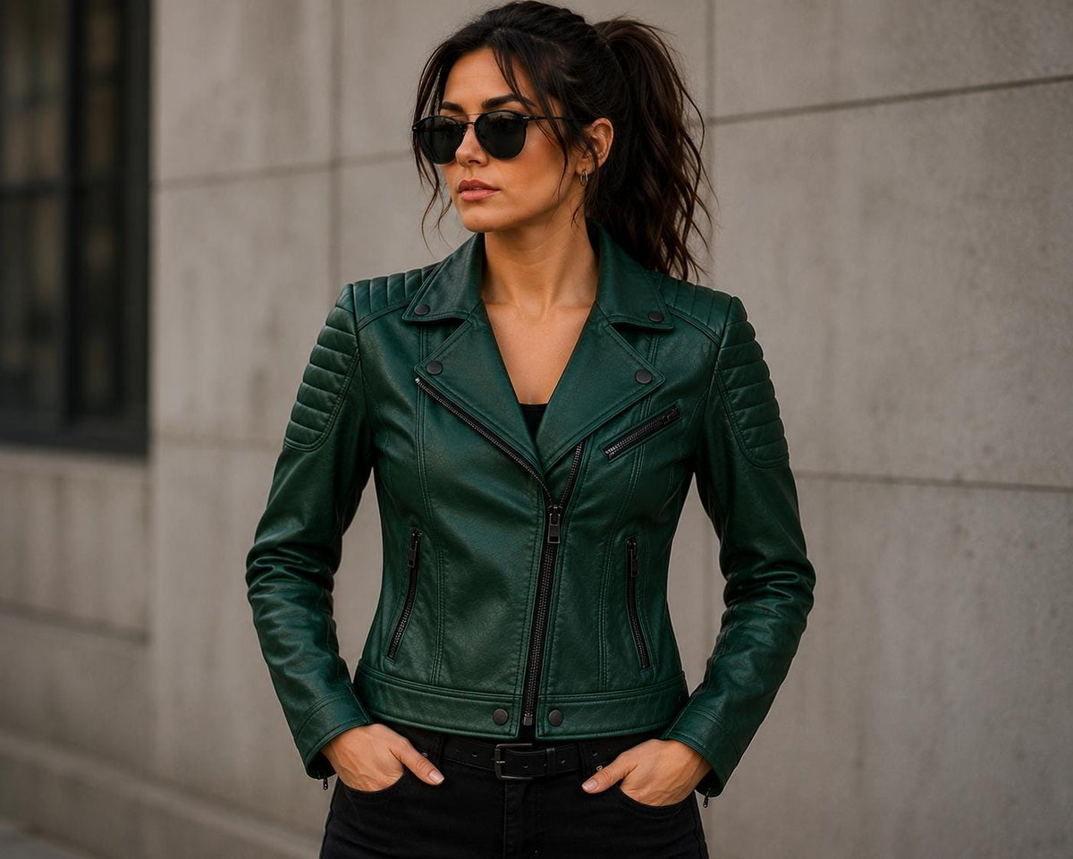Emerald Green Leather Biker Jacket for Women | Genuine Leather Moto Jacket | Quilted Shoulder Motorcycle Jacket | Luxury Fashion Coat