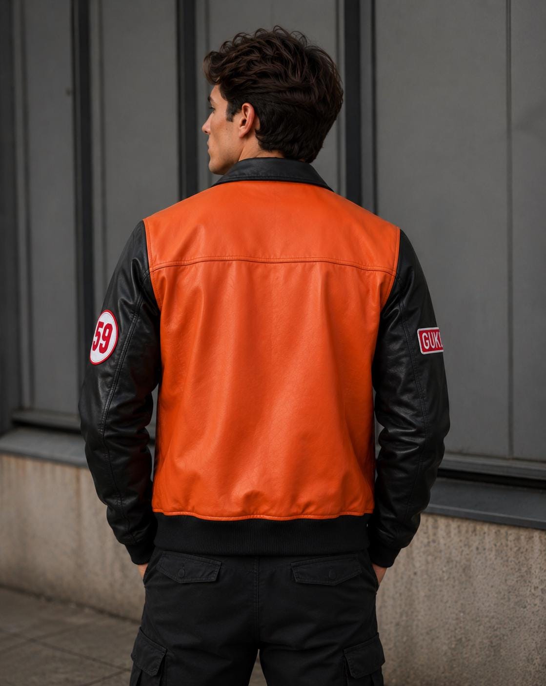 Orange Black Leather Racing Jacket, Unisex Biker Jacket, Varsity Style Leather Jacket, Men's & Women's Streetwear Coat