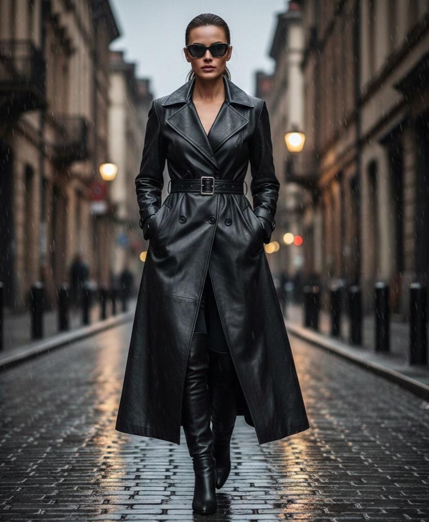 Premium Black Sheepskin Leather Long Trench Coat for Women - Luxury Real Leather Duster, Handmade