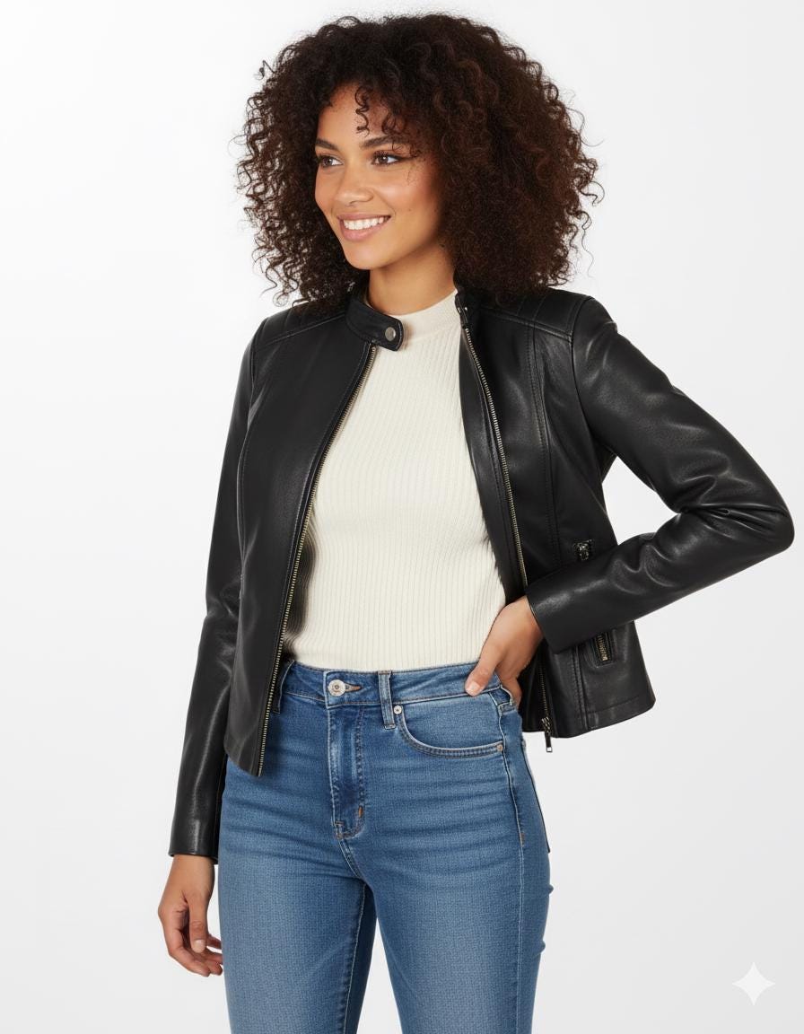 Women's Black Lambskin Leather Moto Jacket – Lightweight