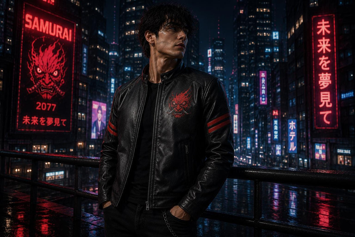 Cyberpunk Samurai Inspired Black Leather Jacket | Futuristic Biker Jacket | Gothic Streetwear Coat | Halloween Cosplay Leather Jacket