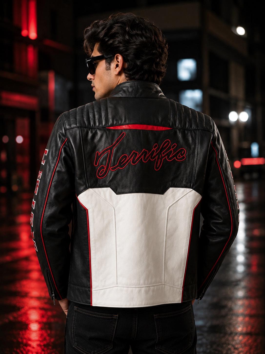 Fair Play Leather Jacket | Red Black White Racing Biker Jacket | Genuine Leather Moto Jacket | Unisex Motorcycle Jacket Gift