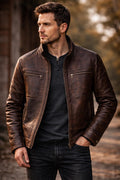 Handcrafted Patchwork Leather Biker Jacket – Dark Brown Cowhide, Slim Fit