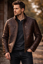 Handcrafted Patchwork Leather Biker Jacket – Dark Brown Cowhide, Slim Fit