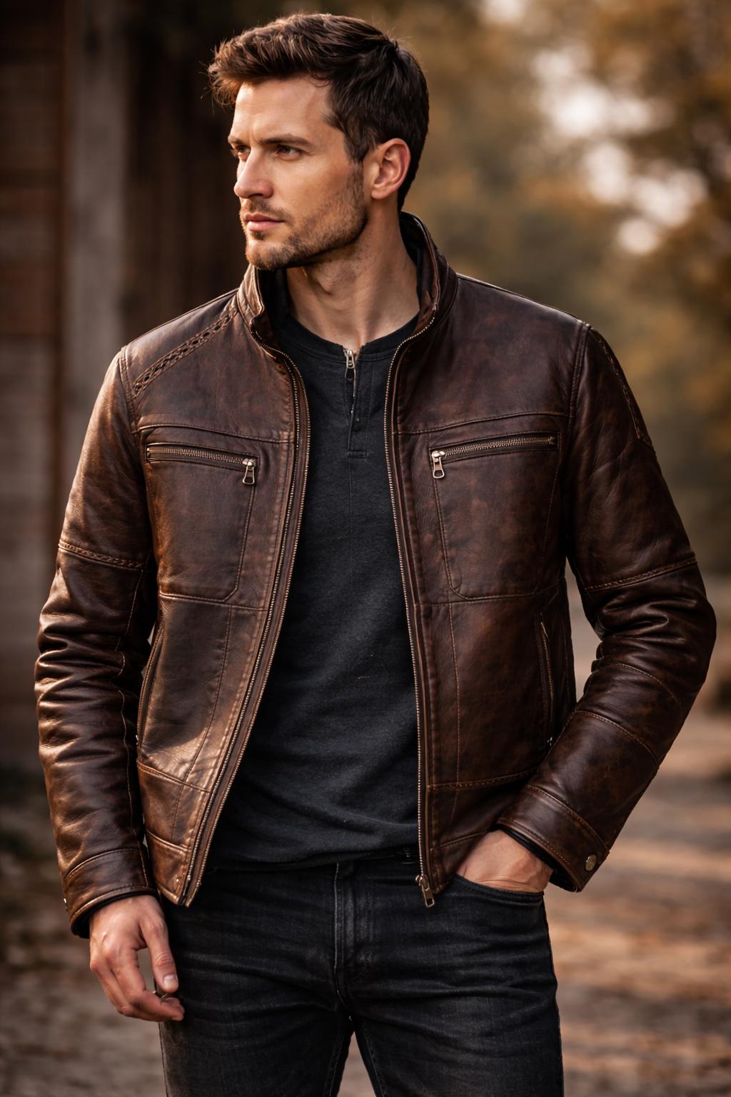 Handcrafted Patchwork Leather Biker Jacket – Dark Brown Cowhide, Slim Fit