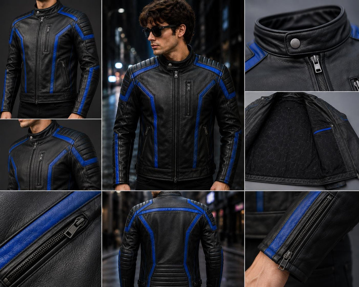 Cyberpunk Rider Leather Jacket, Black Blue Biker Jacket, Men's Genuine Leather Motorcycle Jacket, Futuristic Racing Jacket, Slim Fit Cafe
