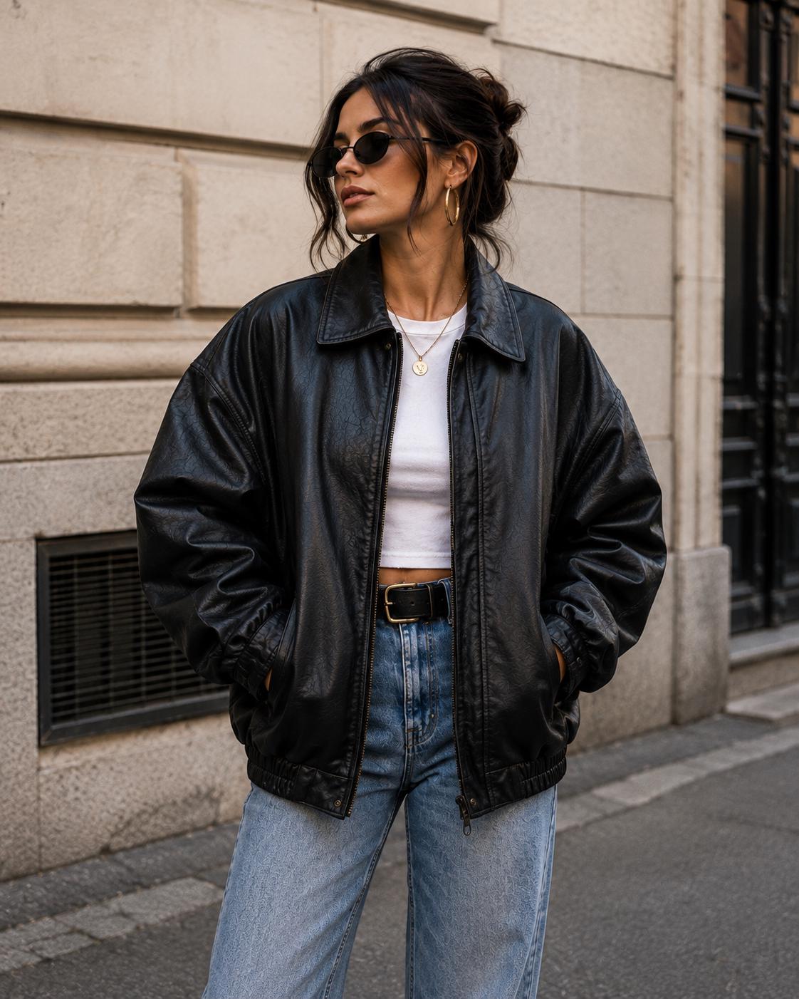 Oversized Leather Jacket for Women, 90s Black Bomber Jacket, Vintage Streetwear