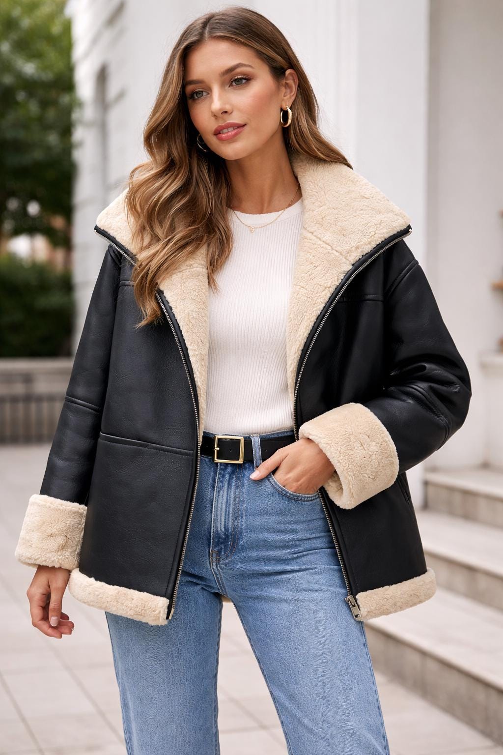 Black Sheepskin Leather Aviator Jacket – Oversized Sherpa Coat