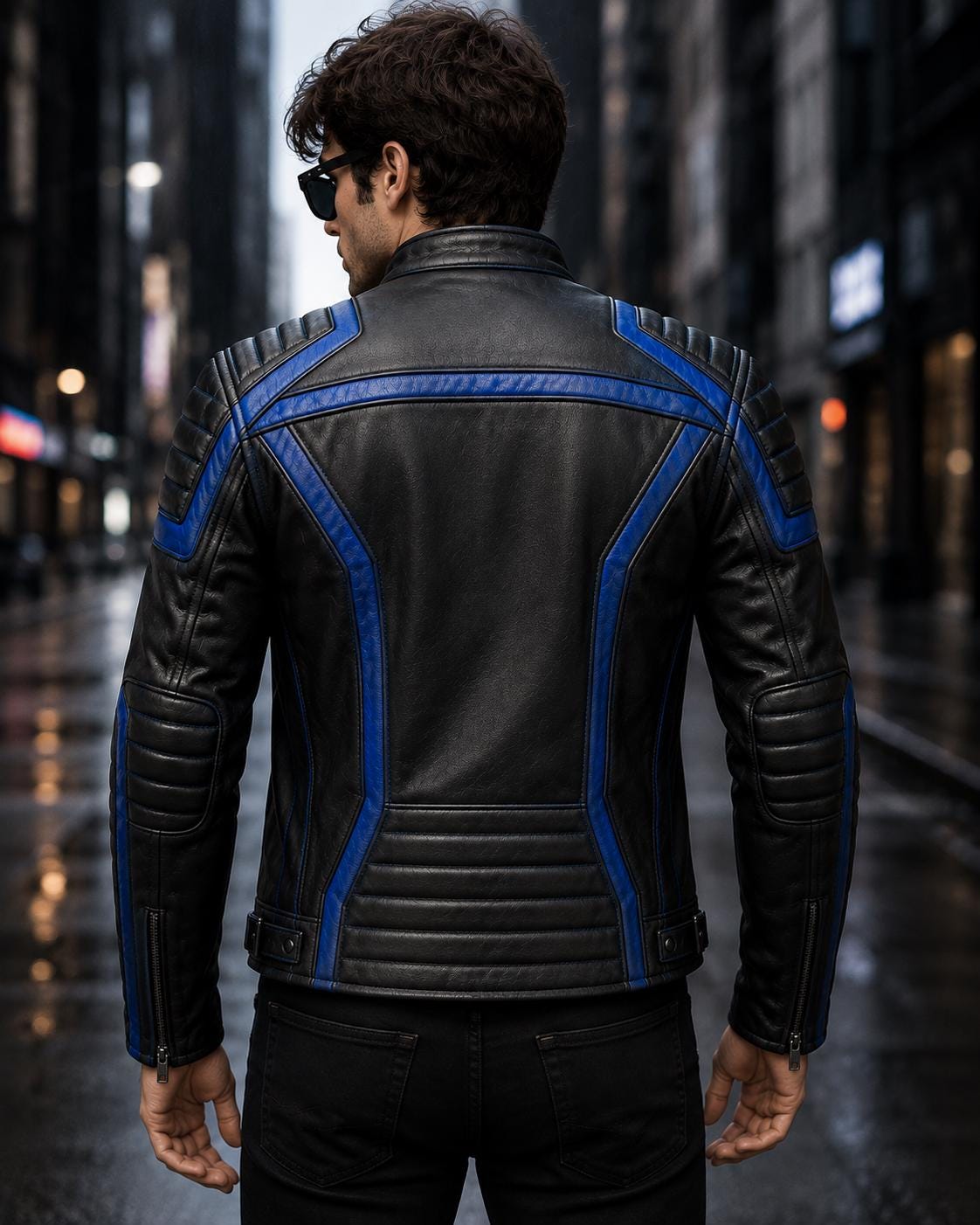 Cyberpunk Rider Leather Jacket, Black Blue Biker Jacket, Men's Genuine Leather Motorcycle Jacket, Futuristic Racing Jacket, Slim Fit Cafe
