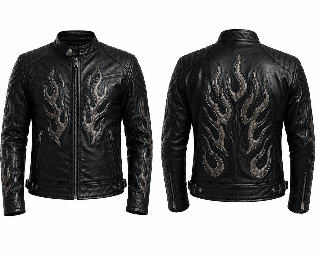Black Flame Leather Jacket for Men & Women | Genuine Leather Biker Jacket | Handmade Gothic Motorcycle Jacket | Unisex Cafe Racer Coat | Hal