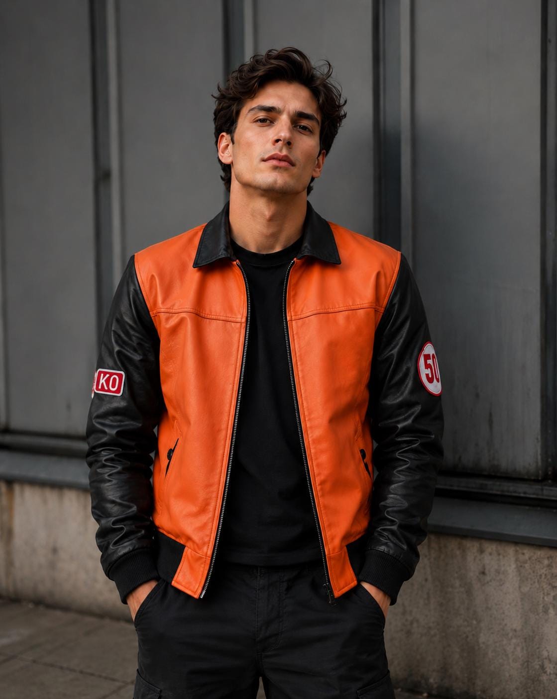 Orange Black Leather Racing Jacket, Unisex Biker Jacket, Varsity Style Leather Jacket, Men's & Women's Streetwear Coat