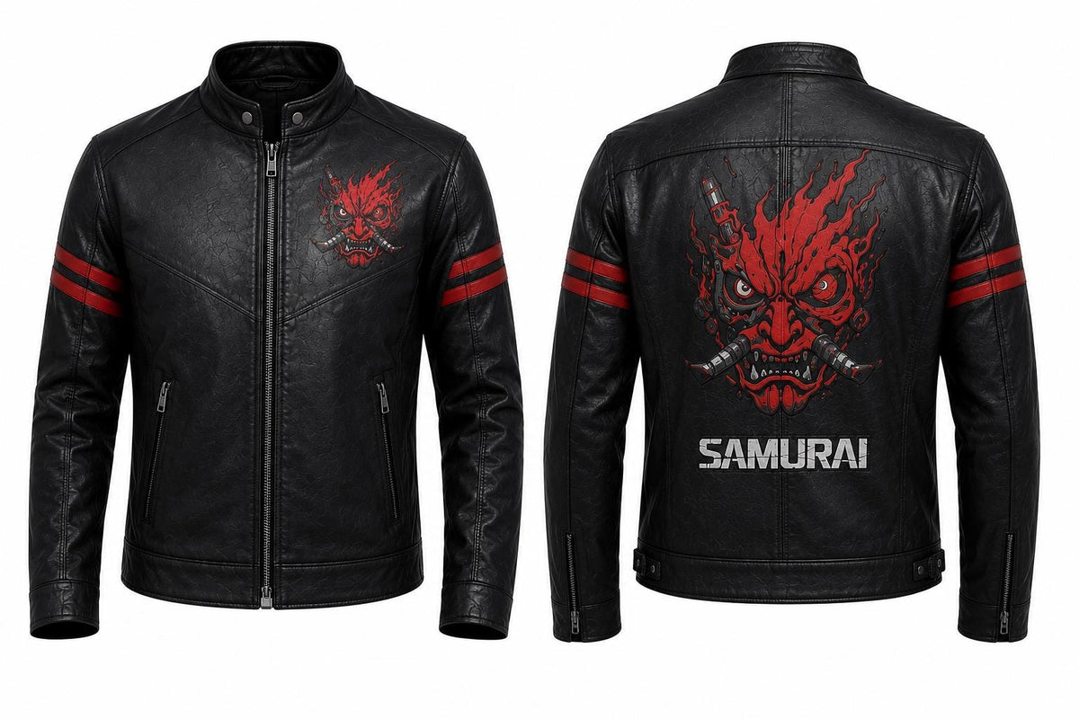 Cyberpunk Samurai Inspired Black Leather Jacket | Futuristic Biker Jacket | Gothic Streetwear Coat | Halloween Cosplay Leather Jacket