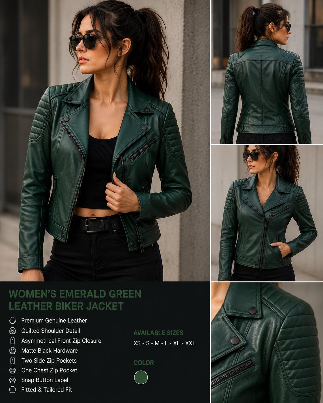 Emerald Green Leather Biker Jacket for Women | Genuine Leather Moto Jacket | Quilted Shoulder Motorcycle Jacket | Luxury Fashion Coat