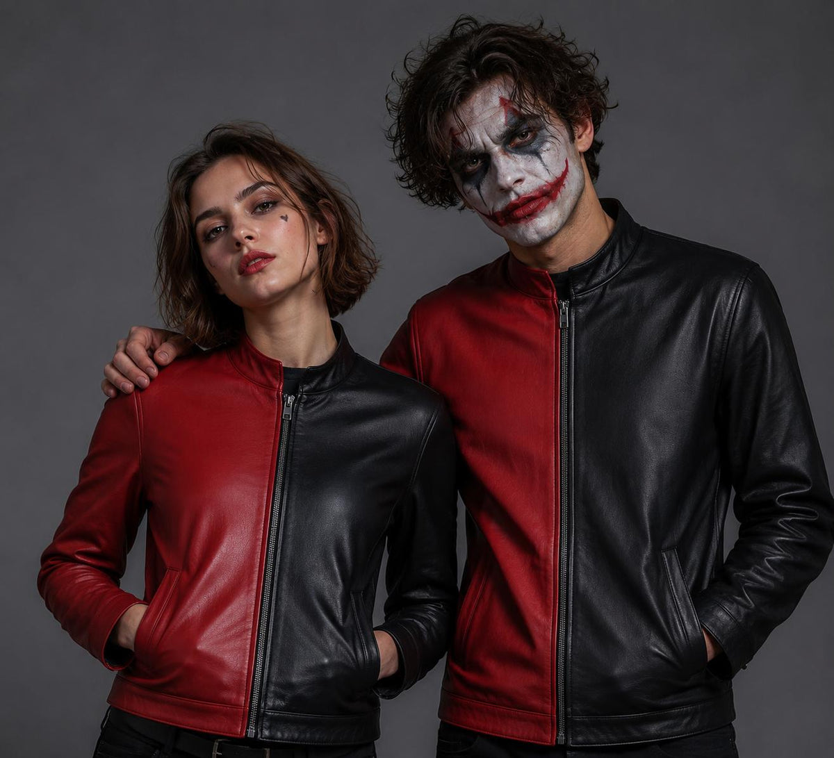 Red & Black Two Tone Leather Jacket for Men  Women, Handmade Genuine Leather Biker Jacket, Unisex Color Block Motorcycle Jacket, Gift for H