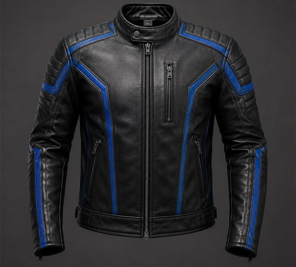 Cyberpunk Rider Leather Jacket, Black Blue Biker Jacket, Men's Genuine Leather Motorcycle Jacket, Futuristic Racing Jacket, Slim Fit Cafe