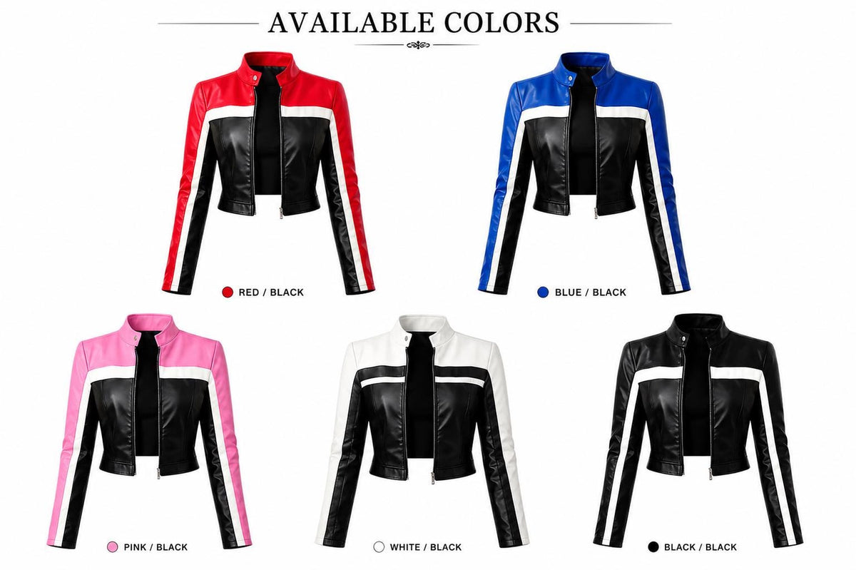 Women's Red & Black Cropped Cafe Racer Leather Jacket