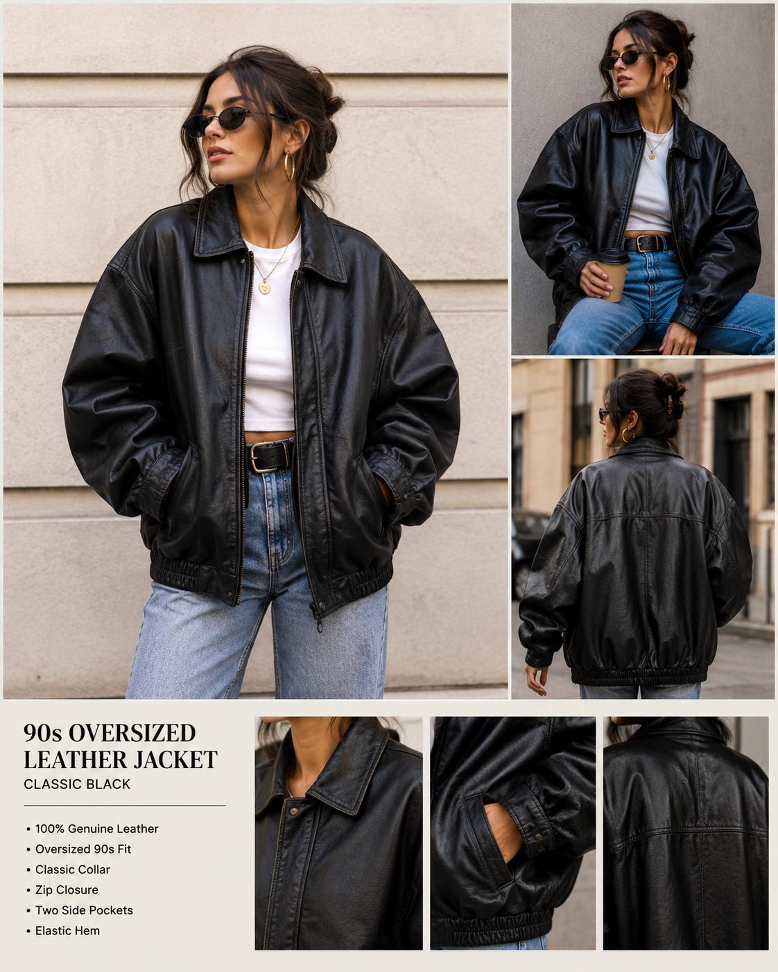Oversized Leather Jacket for Women, 90s Black Bomber Jacket, Vintage Streetwear