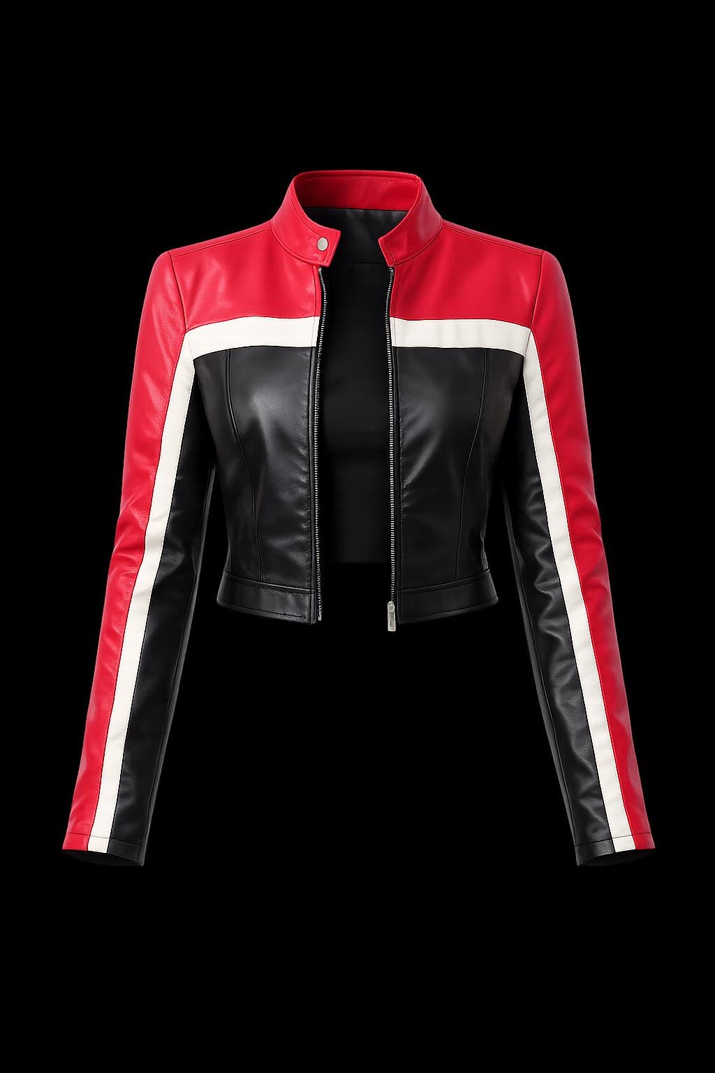 Women's Red & Black Cropped Cafe Racer Leather Jacket
