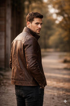 Handcrafted Patchwork Leather Biker Jacket – Dark Brown Cowhide, Slim Fit