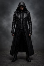 Black Hooded Leather Trench Coat Men Gothic Vampire Long Coat Halloween Cosplay Jacket Medieval Dark Fantasy Costume