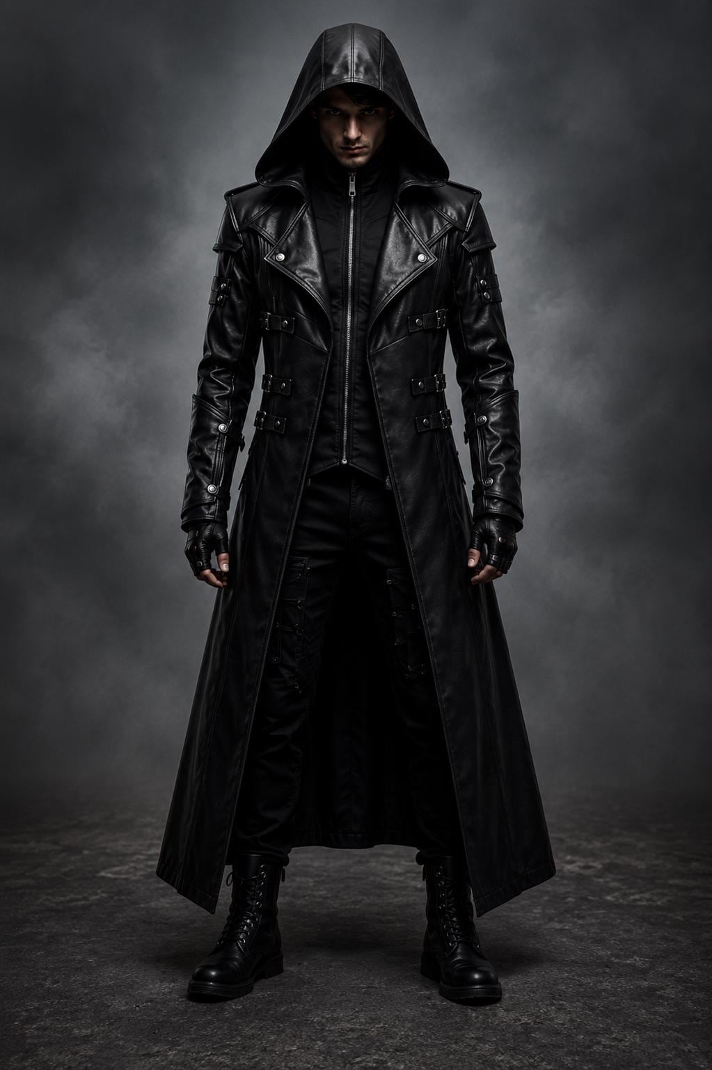 Black Hooded Leather Trench Coat Men Gothic Vampire Long Coat Halloween Cosplay Jacket Medieval Dark Fantasy Costume