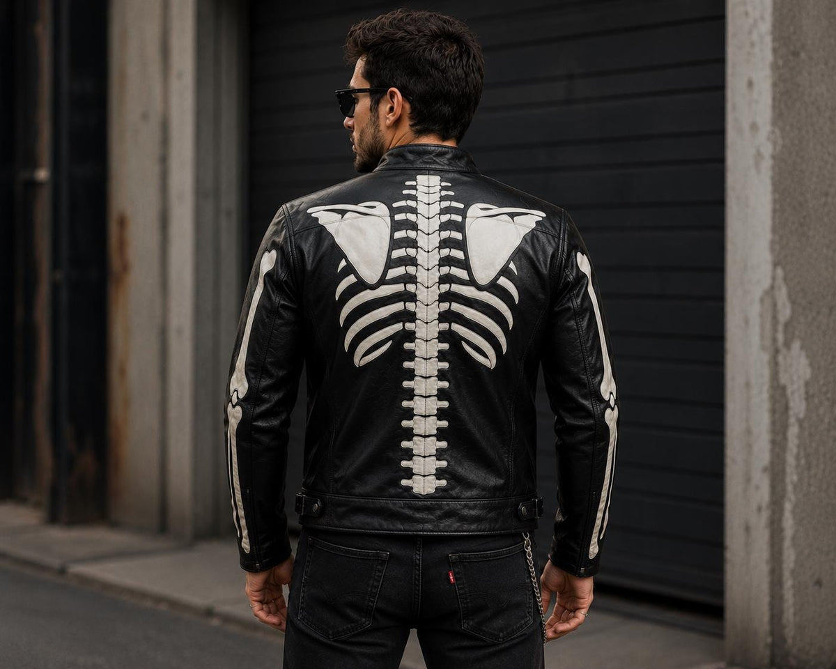 Skeleton Leather Jacket for Men | Black Genuine Leather Biker Jacket | Gothic Halloween Motorcycle Jacket | Handmade Bone Design | Punk Stre