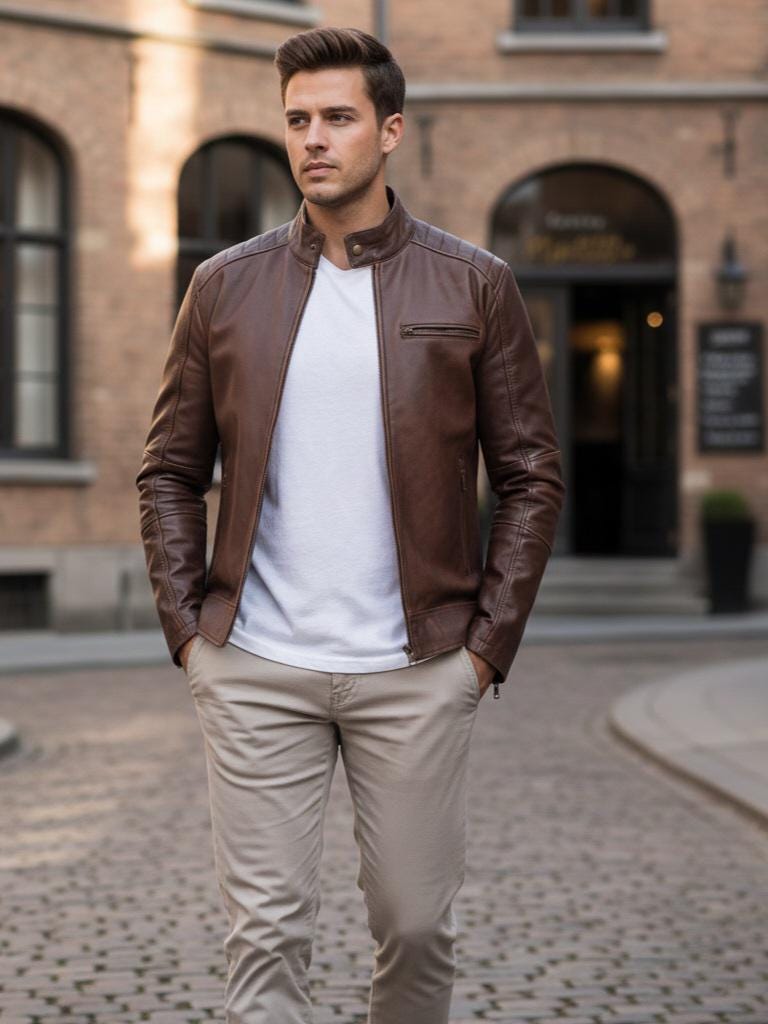 Men's Distressed Brown Lambskin Leather Cafe Racer Jacket