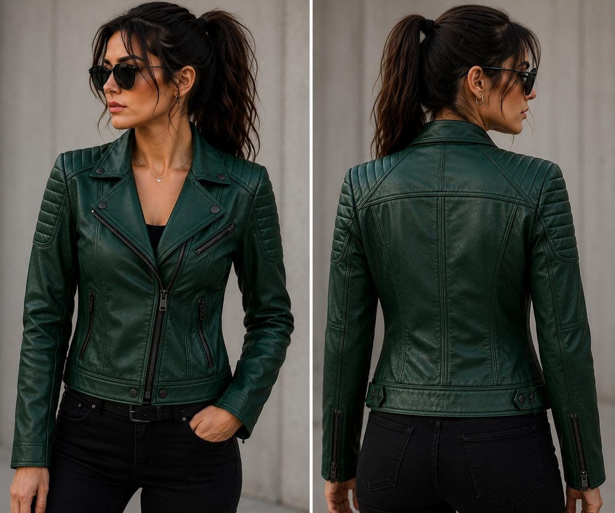 Emerald Green Leather Biker Jacket for Women | Genuine Leather Moto Jacket | Quilted Shoulder Motorcycle Jacket | Luxury Fashion Coat