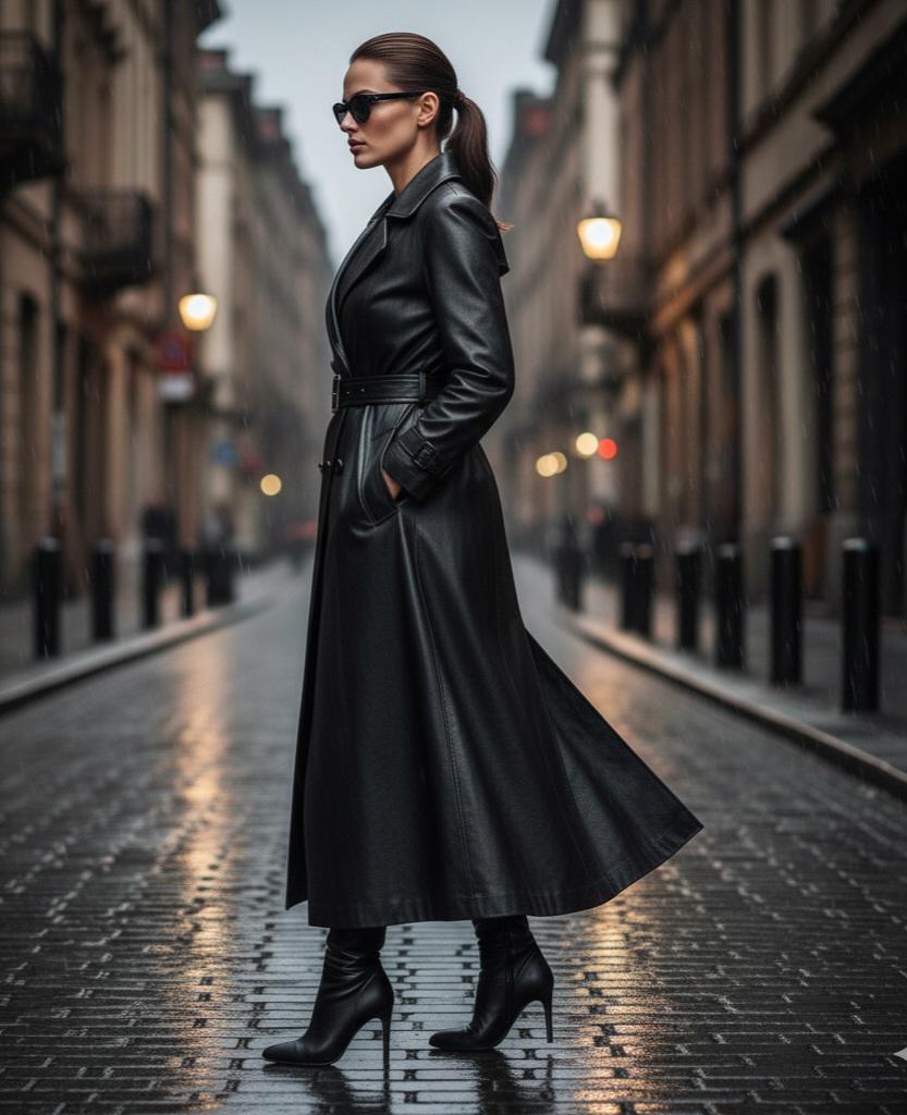 Premium Black Sheepskin Leather Long Trench Coat for Women - Luxury Real Leather Duster, Handmade
