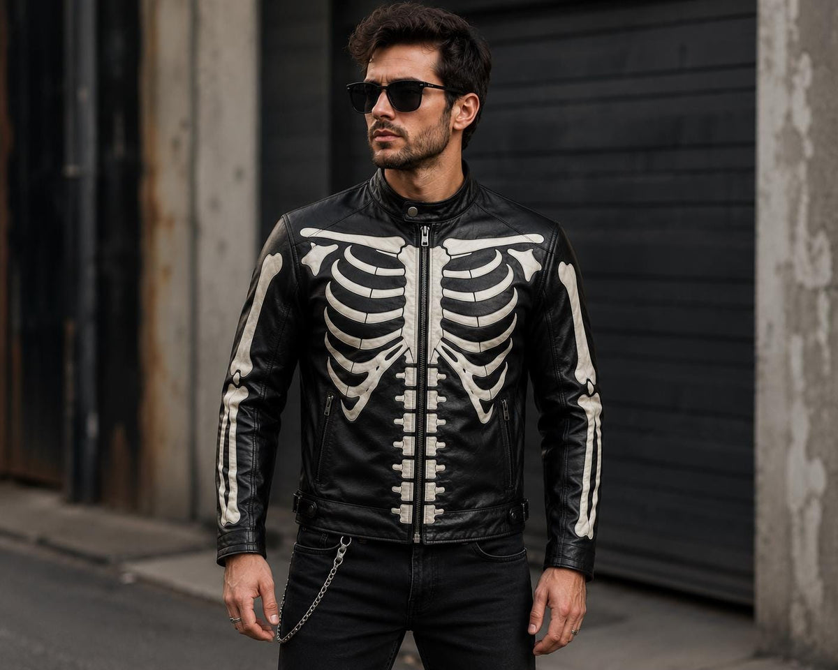 Skeleton Leather Jacket for Men | Black Genuine Leather Biker Jacket | Gothic Halloween Motorcycle Jacket | Handmade Bone Design | Punk Stre