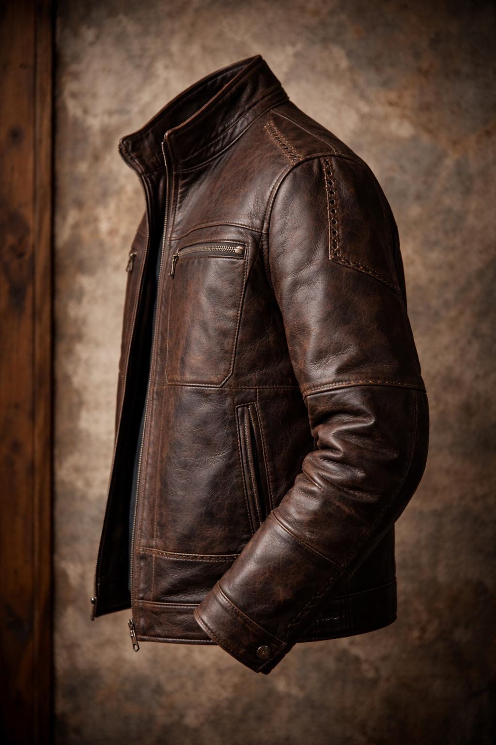 Handcrafted Patchwork Leather Biker Jacket – Dark Brown Cowhide, Slim Fit