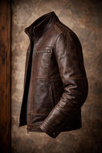 Handcrafted Patchwork Leather Biker Jacket – Dark Brown Cowhide, Slim Fit