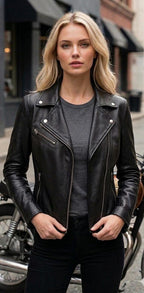 Women's Black Lambskin Leather Biker Jacket – Slim Fit