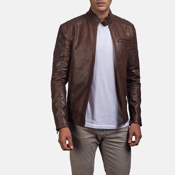 Men's Distressed Brown Lambskin Leather Cafe Racer Jacket