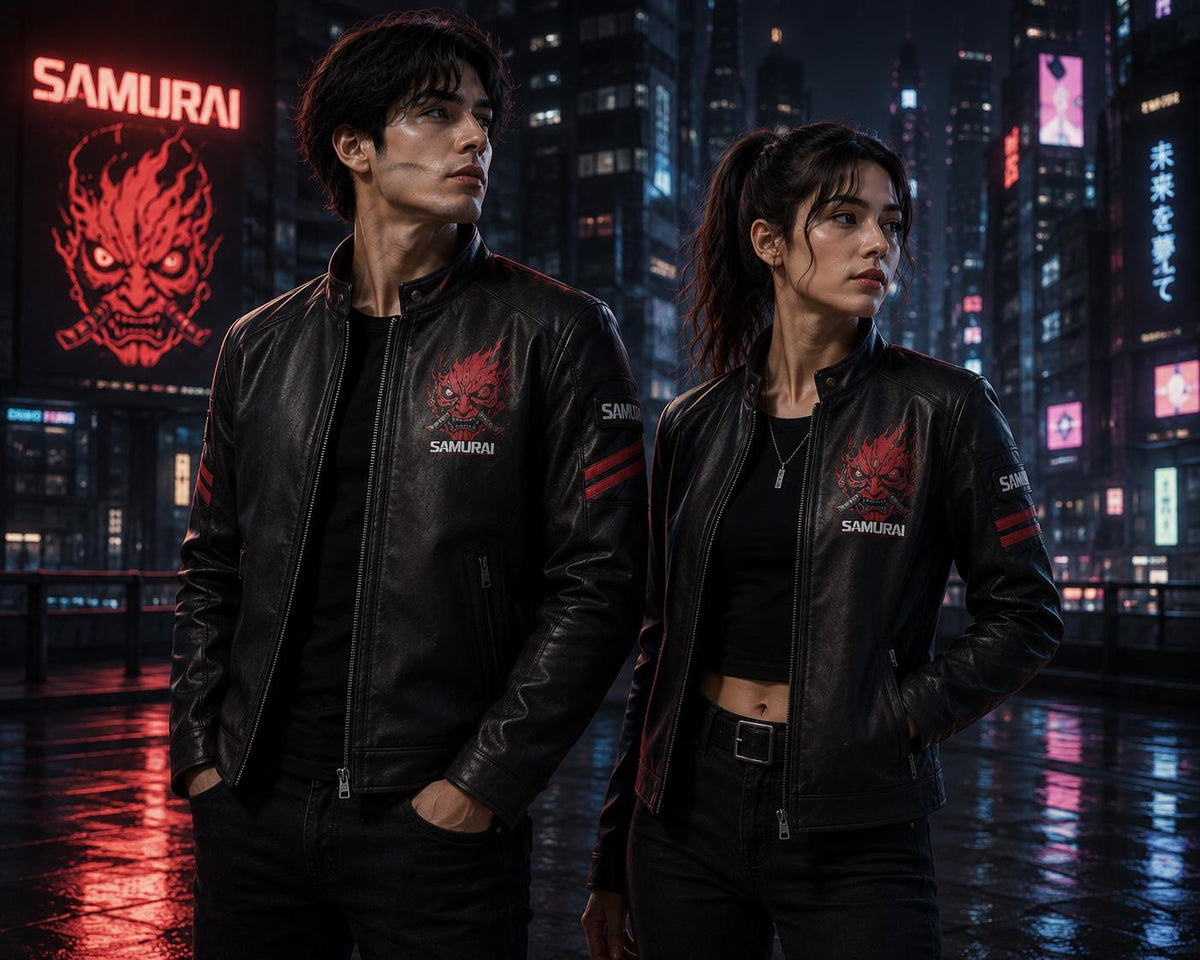 Cyberpunk Samurai Inspired Black Leather Jacket | Futuristic Biker Jacket | Gothic Streetwear Coat | Halloween Cosplay Leather Jacket