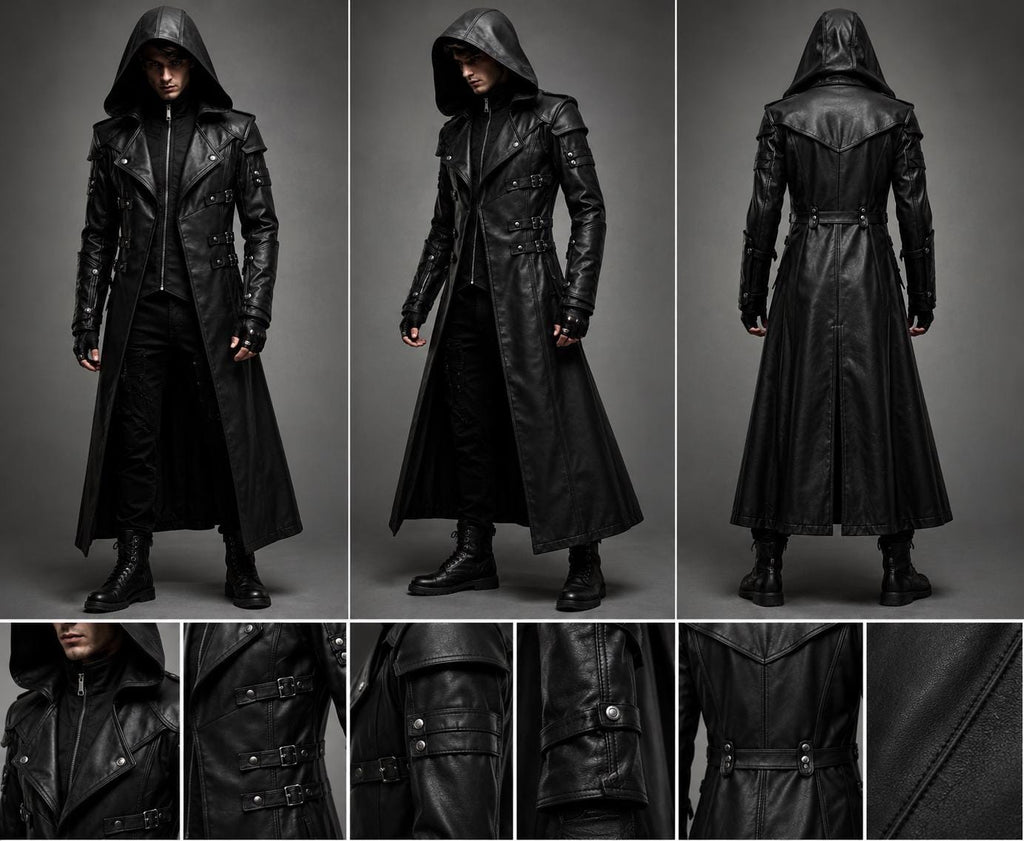 Black Hooded Leather Trench Coat Men Gothic Vampire Long Coat Halloween Cosplay Jacket Medieval Dark Fantasy Costume