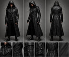 Black Hooded Leather Trench Coat Men Gothic Vampire Long Coat Halloween Cosplay Jacket Medieval Dark Fantasy Costume