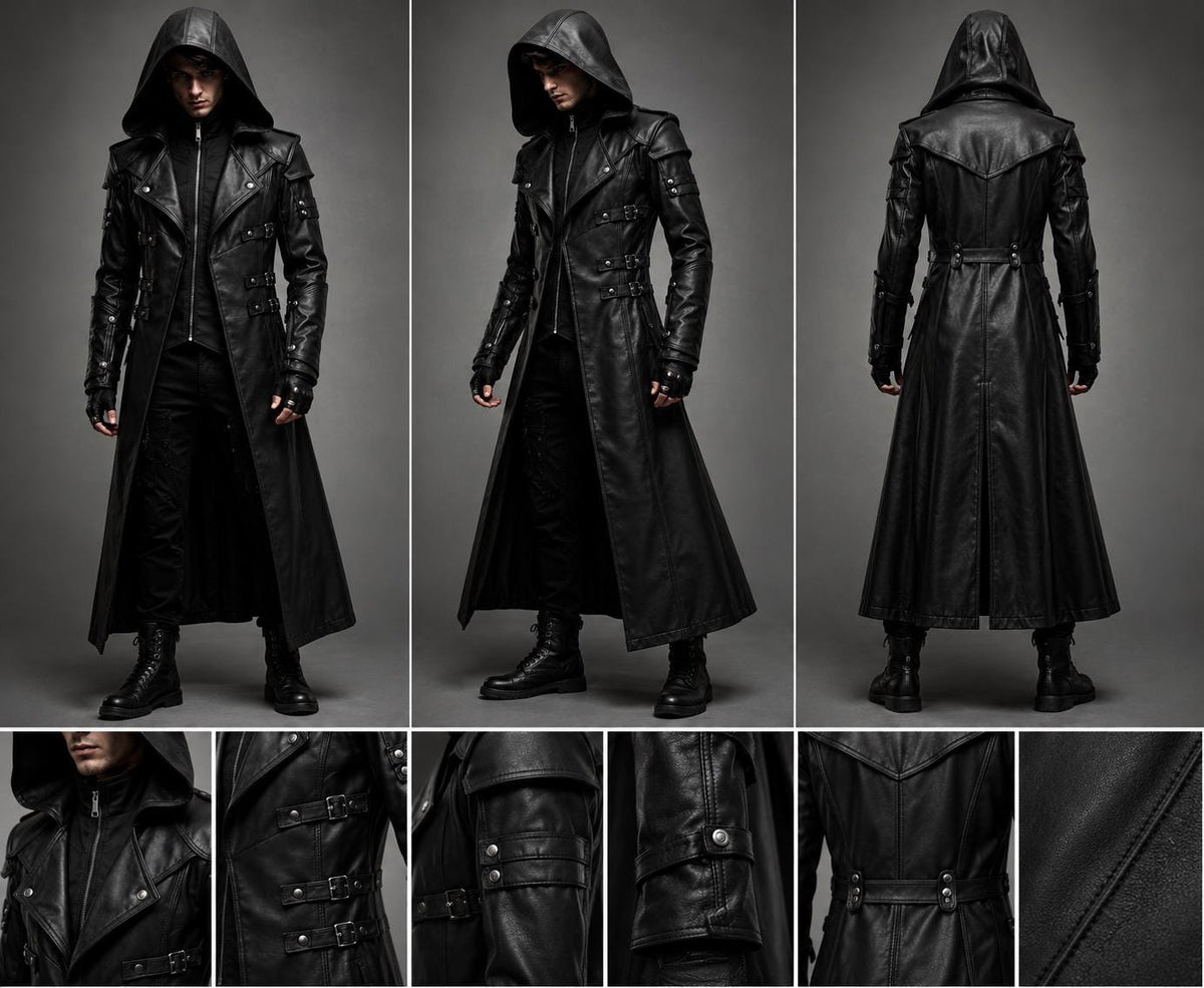 Black Hooded Leather Trench Coat Men Gothic Vampire Long Coat Halloween Cosplay Jacket Medieval Dark Fantasy Costume
