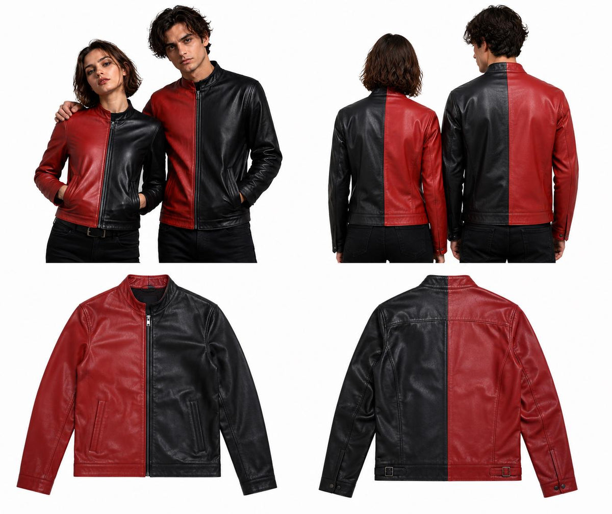 Red & Black Two Tone Leather Jacket for Men  Women, Handmade Genuine Leather Biker Jacket, Unisex Color Block Motorcycle Jacket, Gift for H