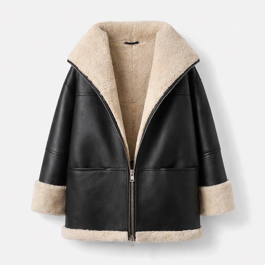 Black Sheepskin Leather Aviator Jacket – Oversized Sherpa Coat