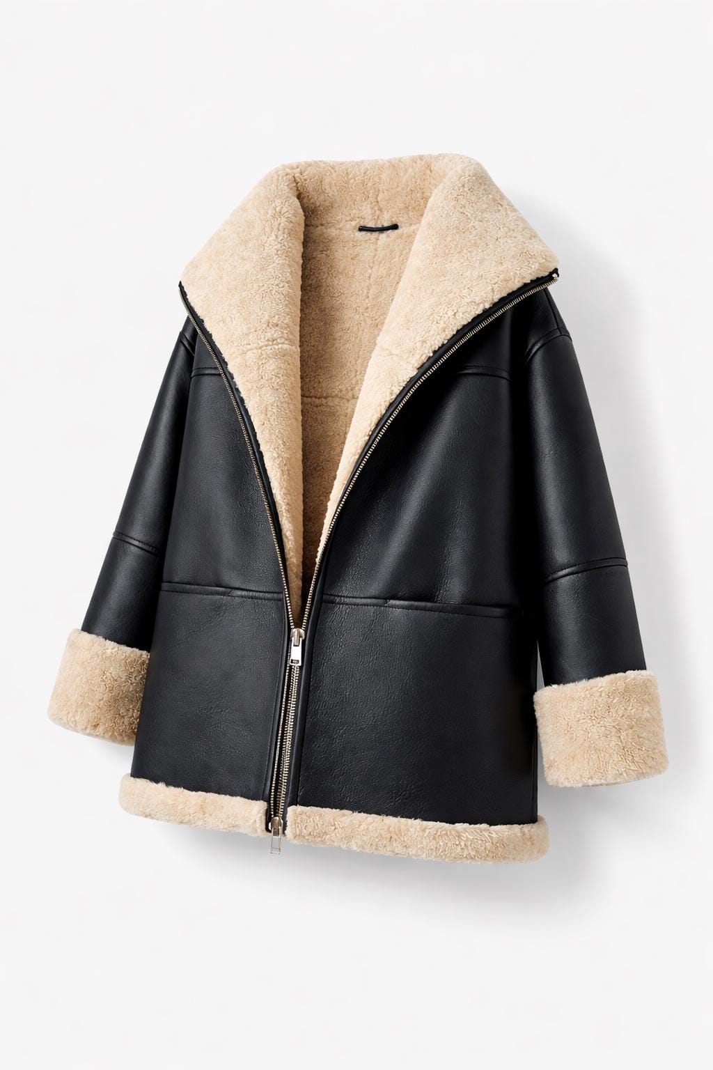Black Sheepskin Leather Aviator Jacket – Oversized Sherpa Coat