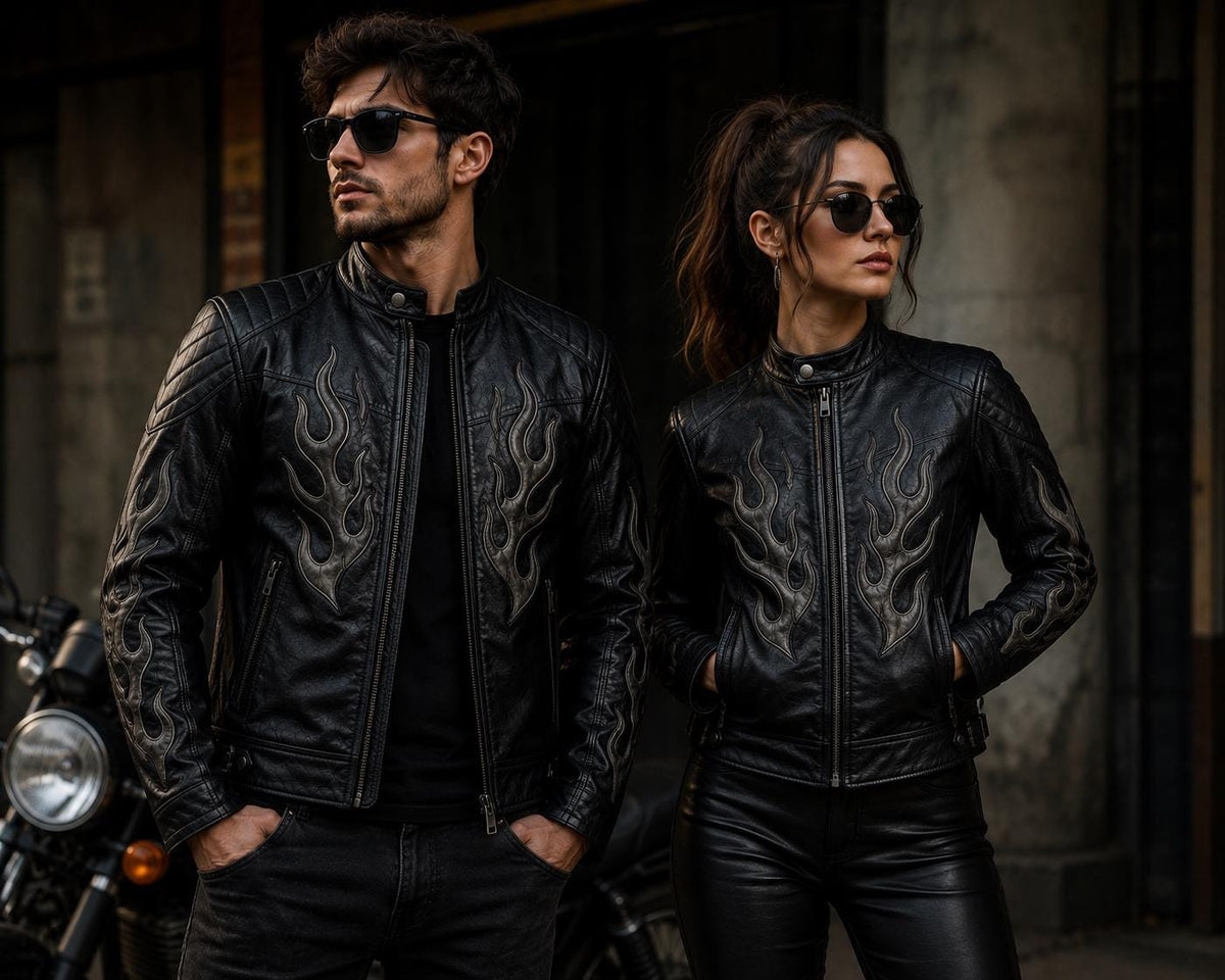 Black Flame Leather Jacket for Men & Women | Genuine Leather Biker Jacket | Handmade Gothic Motorcycle Jacket | Unisex Cafe Racer Coat | Hal