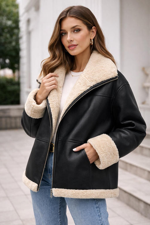 Black Sheepskin Leather Aviator Jacket – Oversized Sherpa Coat