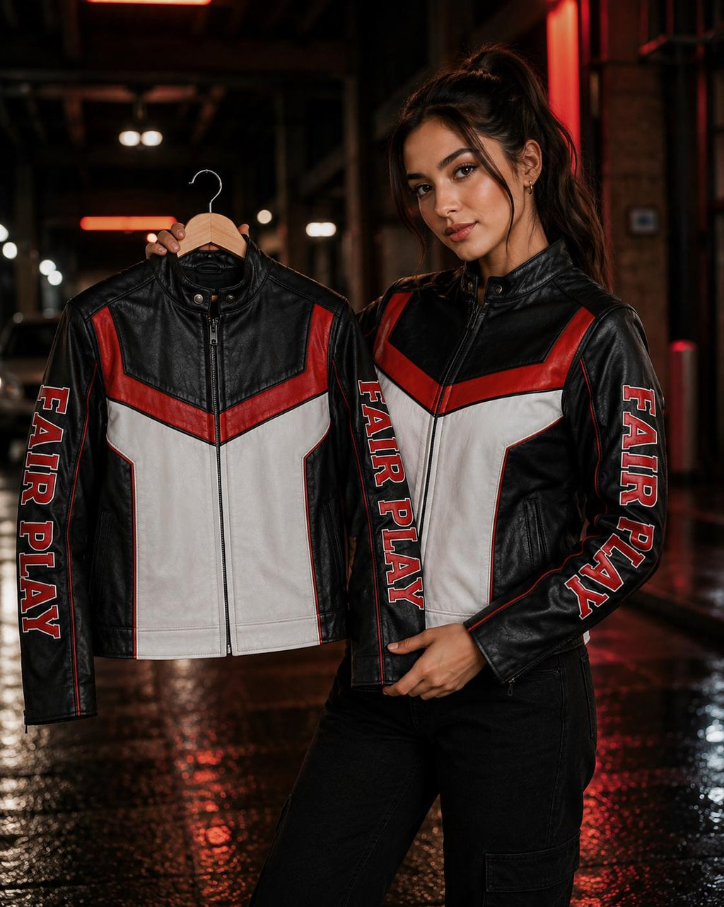 Fair Play Leather Jacket | Red Black White Racing Biker Jacket | Genuine Leather Moto Jacket | Unisex Motorcycle Jacket Gift